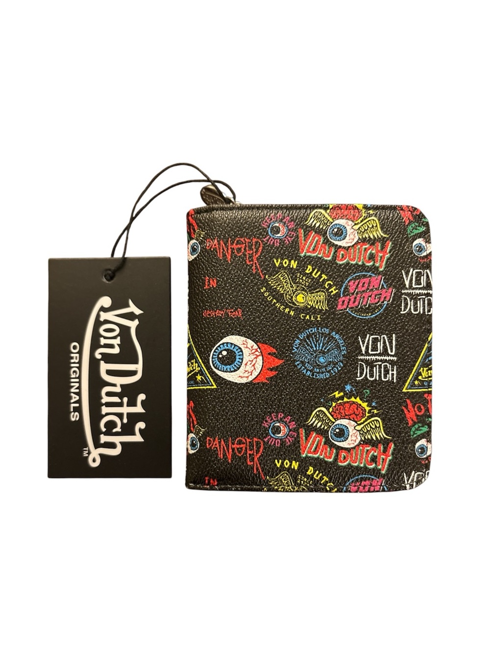 Von Dutch Black Wallet with Multicolor Eyeball & Logo Print NWT